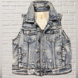 Distressed Denim Vest Cropped Sleeveless Jean Jacket Festival Boho Western M